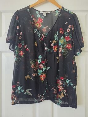 Sheer Floral Button-Front Blouse - Black Multi Women's 2X